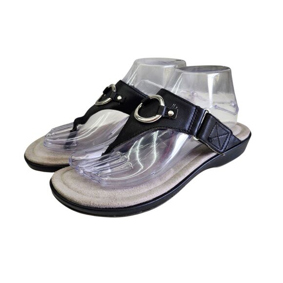 Ariat Poolside Thong Sandals Womens 9B Black Leather Silver Rings Slip On Casual - Picture 2 of 12